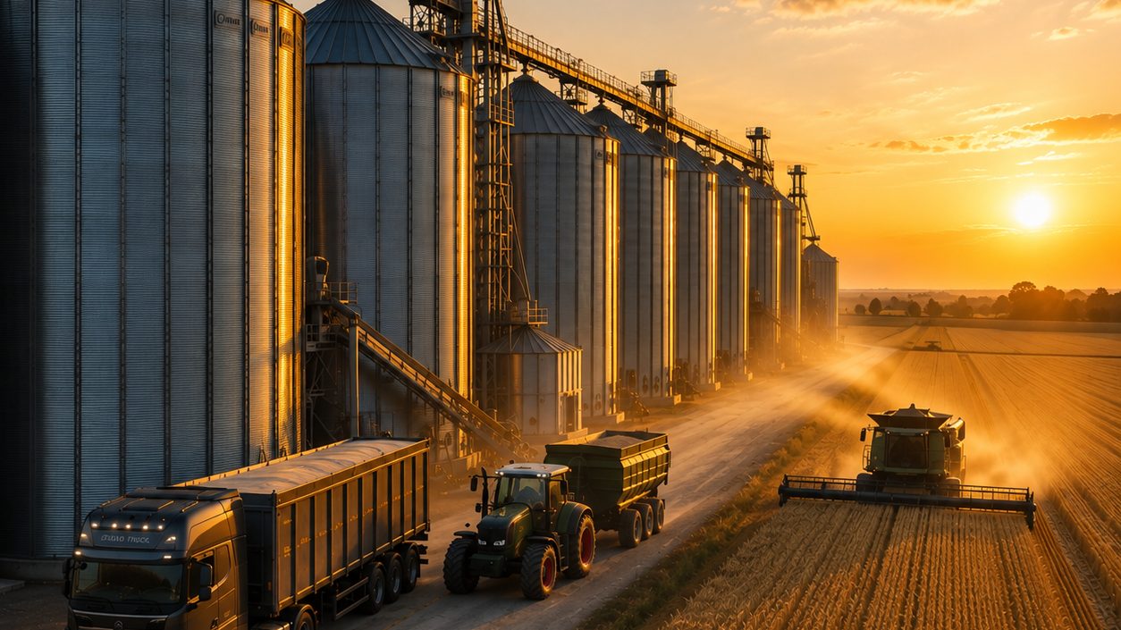 Grain silo battery at sunset with a combine harvester, tractor and grain trucks during harvest